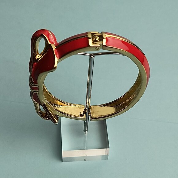 RIBBON BOW Enamel Shape Hinged Bangle Bracelet Vibrant Red Gold Plated - Picture 6 of 6